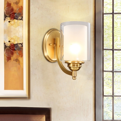 Double Glass Cylinder Wall Lamp Modern Style 1/2-Light Bedroom Wall Mounted Light in Brass