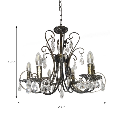 French Style Curved Iron Candle Chandelier 6 Lights Bronze Ceiling Lighting with Crystal Drops