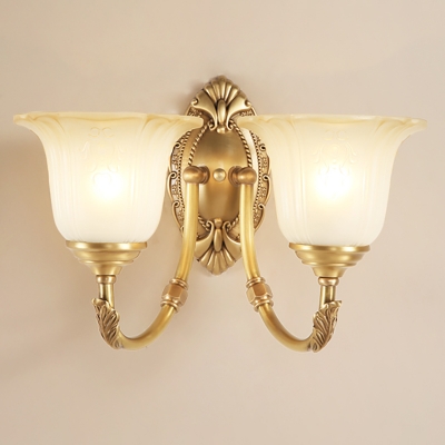 Gold 1/2-Bulb Wall Mounted Light Vintage Style Metal Curved Wall Light with Opal Glass Petal Shade
