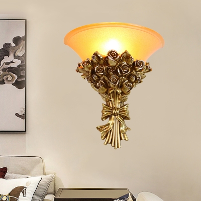 Gold Finish Rose Bouquet Wall Lamp Kit Single Light Resin Retro Flush Wall Sconce