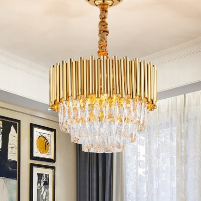 Golden Layered Hanging Chandelier with Crystal Prism Modernist 6/10/12 Bulbs Pendant Light Fixture in Gold Finish