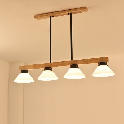 Linear Island Lamp Nordic Wood 4 Lights Black/Gold Hanging Light Kit with Cone White Glass Shade