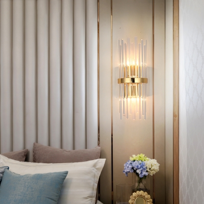 Nordic Cylinder Sconce Light Fixture Rectangle-Cut Crystal 2 Heads Bedroom Wall Mounted Light in Gold