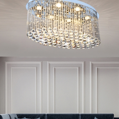 Oval Flush Light Contemporary Crystal 6 Heads Nickel Ceiling Mount Light Fixture