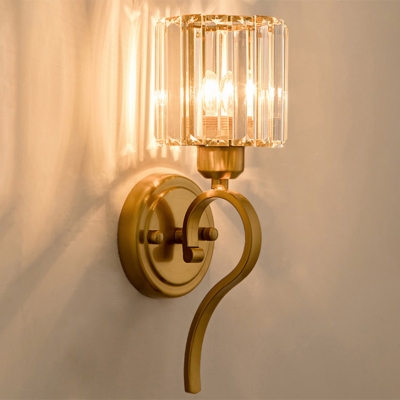 Postmodern Cylinder Sconce Light Rectangle-Cut Crystal 1 Light Wall Mount Light in Brass