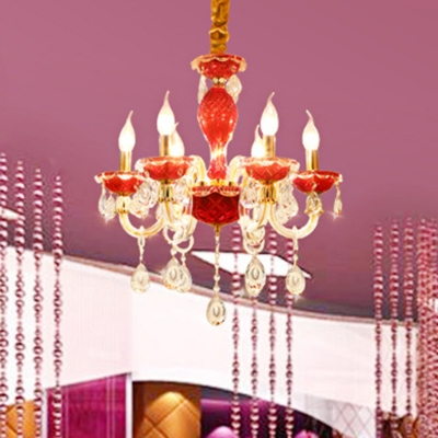 Red Candelabra Chandelier Light Fixture Traditional Crystal Drip 6/8 Heads Restaurant Hanging Lamp