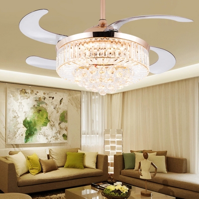 Round Ceiling Fan Light Modern Crystal Gold Led Flush Mount Fixture with Remote Control/Wall Control/Remote Control and Wall Control, 15