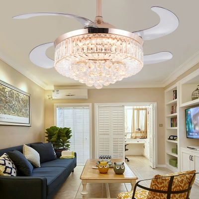 Round Ceiling Fan Light Modern Crystal Gold Led Flush Mount Fixture with Remote Control/Wall Control/Remote Control and Wall Control, 15