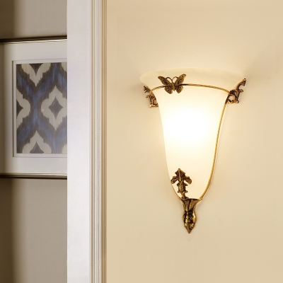 Rural Inverted Bell Flush Mount Single Head White Glass Wall Sconce for Dining Room