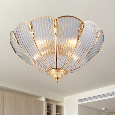 Scalloped Living Room Flush Mount Light Colonial Ribbed Glass 3 Bulbs Brass Close to Ceiling Lamp