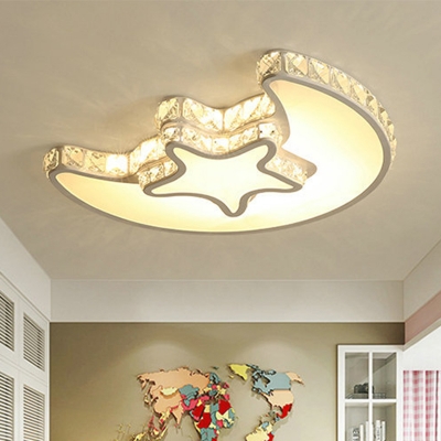 Star Moon Bedroom Flush Light Simple Style Crystal LED White Ceiling Light Fixture