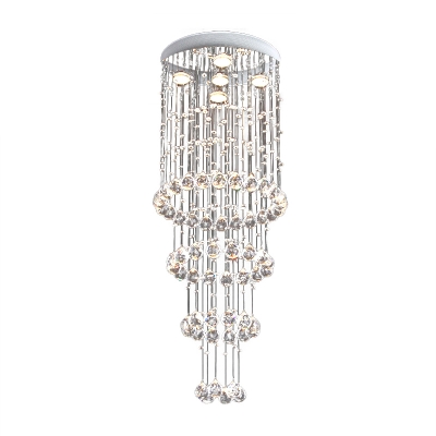 Tiered Crystal Flushmount Modernism 5 Heads Nickel Ceiling Light Fixture for Dining Room