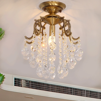 Traditional 1-Light Semi Flush Mount Light Clear/Cognac Curved Iron Flushmount Ceiling Fixture with Crystal Droplets