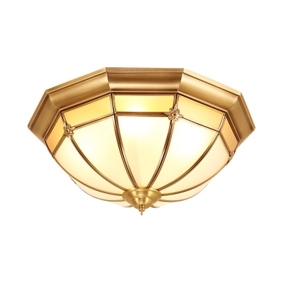 White Glass Bowl Ceiling Mount Colonialism 3/4/6 Bulbs Living Room Flush Light Fixture in Brass, 14