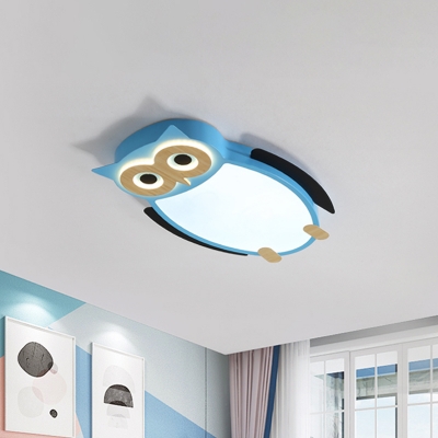 White/Pink/Blue Owl Flush Ceiling Light Cartoon Metal LED Integrated Flush Mount Lamp for Children