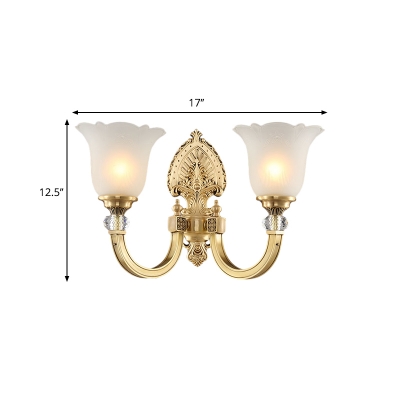 1/2-Bulb Bell Wall Light Fixture Colonial Style Frosted Glass Wall Mount Lamp with Gold Curved Arm