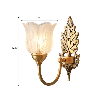1/2-Bulb Wall Sconce Lamp Vintage Style Flower Opal Glass Wall Light Fixture with Golden Leaf Backplate