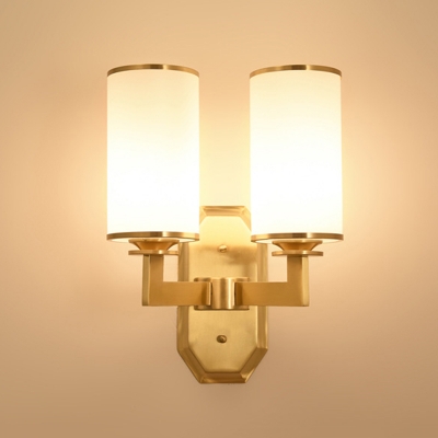 1/2-Light Wall Light Sconce with Cylindrical Shade Opal Glass Wall Mount Lighting in Brass for Bedroom
