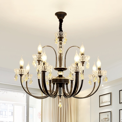 12/15 Heads Candle Ceiling Hanging Light Traditional Living Room Lighting in Black with Crystal Drop