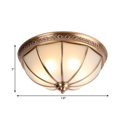 3 Bulbs Flush Mount Light Fixture Colonialism Bowl Milky Glass Ceiling Lamp in Brass for Bedroom