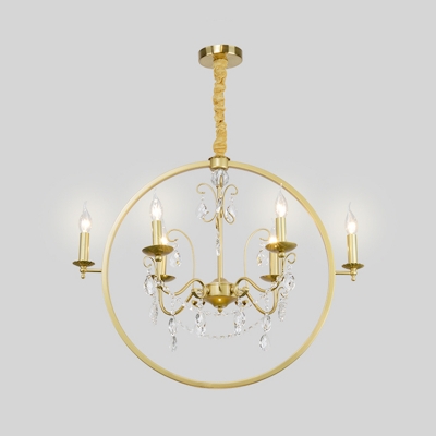 6/8-Head Circular Ceiling Pendant Colonial Style Golden Metallic Chandelier Light with Crystal Draping