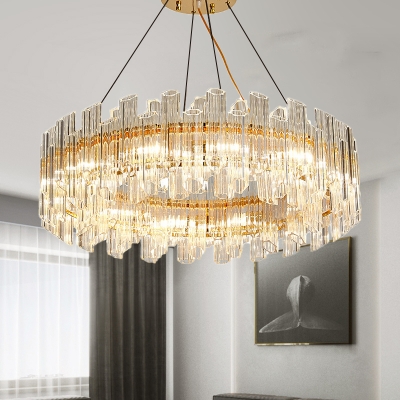 8/12 Lights Living Room Chandelier Gold Pendant Lamp with Drum Crystal Shade