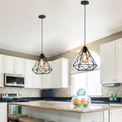 Black Diamond Cage Pendant Lighting Industrial Style 1 Bulb Metallic Ceiling Lamp for Kitchen