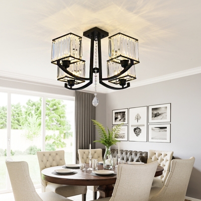 Black Rectangle Flush Light Fixture Modern Tri-Sided Crystal Rod 4/8 Heads Ceiling Lamp