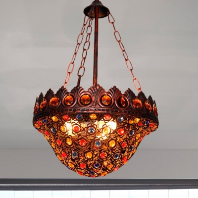 Bohemia Foyer Pendant Light with Bowl Shaped Shade Crystal and Metal 3 Lights Suspension Lamp in Copper