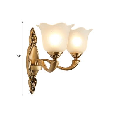 Brass 1/2-Head Wall Light Metal Curved Wall Sconce Lamp with Frosted Glass Petal Shade for Living Room