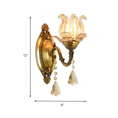 Brass Flower Sconce Light Modern 1/2 Heads Clear Glass Wall Light Fixture with Crystal Drop