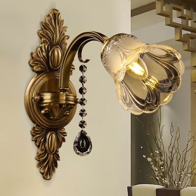 Brass Flower Wall Mount Light Traditional Frosted Glass 1 Head Living Room Sconce Light Fixture