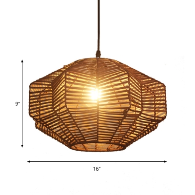 Brown Geometric Hanging Lamp Chinese Style Rattan Woven Pendant Lighting for Living Room