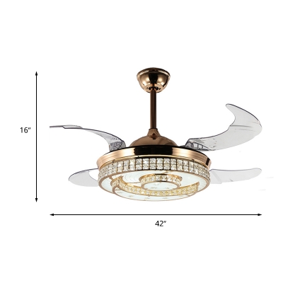 Clear Crystal Crescent Semi Flush Light Contemporary LED Gold Ceiling Fan Light with Remote Control/Wall Control/Frequency Conversion