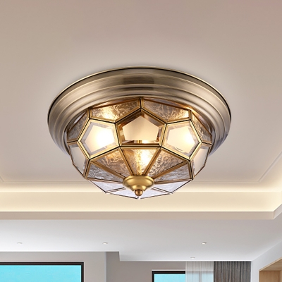 Colonialism Prism Ceiling Mount Light Fixture 3 Bulbs Frosted Glass Flush Mount Chandelier in Brass