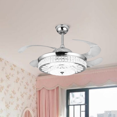Crystal Circle Semi Flush Light Fixture Modern LED Gold/Silver Ceiling Fan Lamp for Living Room, Wall/Remote Control/Frequency Conversion