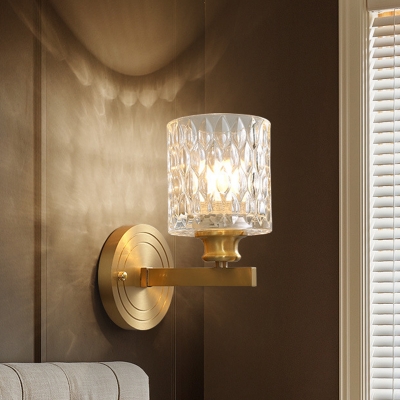 Cylindrical Bedroom Wall Sconce Clear Dimpled Glass 1 Bulb Modernist Style Wall Lighting Fixture in Gold