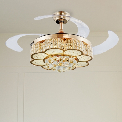 Flower Ceiling Fan Light Modernism Metal LED Gold Semi-Flush Mount with Crystal Ball Accent