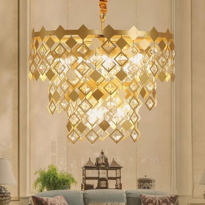 Gold 3 Layers Hanging Ceiling Light Postmodern 6 Heads Geometric Crystal Chandelier Light