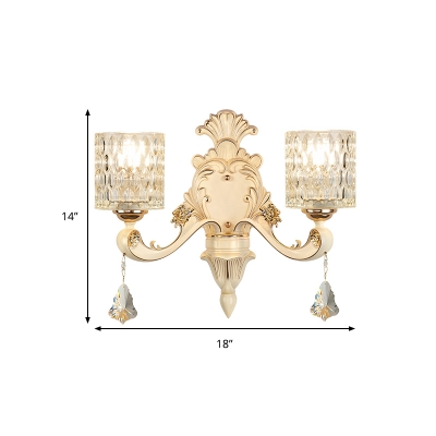 Honeycomb Pattern Glass Wall Light with Clear Cylinder Shade Vintage 1/2 Lights Wall Mount Lamp in Beige