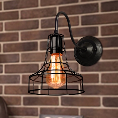 Industrial Style Barn Cage Wall Lighting Metal 1 Light Corridor Wall Sconce with Gooseneck Arm in Black