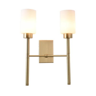Ivory Glass Cylinder Wall Lamp Modernist Style 1/2-Bulb Living Room Wall Sconce Lighting with Brass Pencil Arm