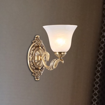 Metal Carved Wall Sconce Fixture Vintage Stylish 1 Light Stairway Gold Wall Lighting with Opal Glass Petal Shade