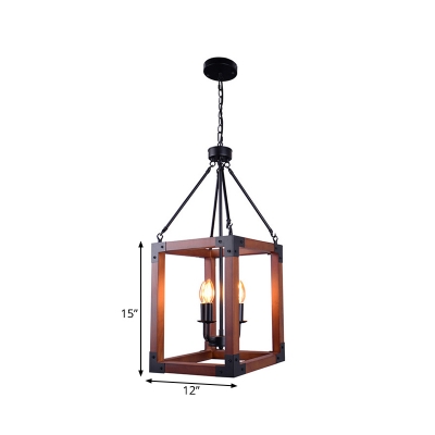 Metal Dark Wood Hanging Pendant Candle 4 Lights Classic Ceiling Chandelier with Square Frame