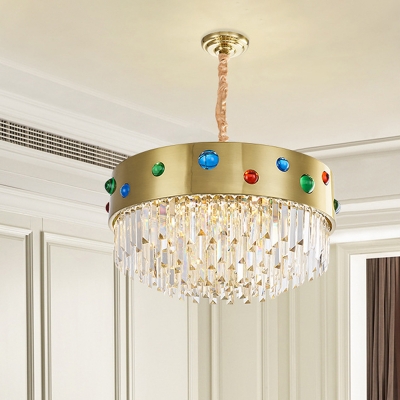 Metal Drum Hanging Chandelier with Gem Decoration Modernist Crystal 8 Heads Chandelier Lighting in Gold
