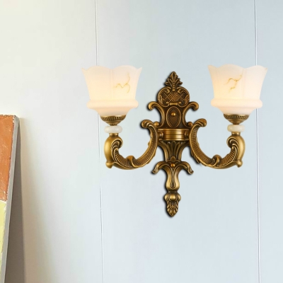 Milk Glass Floral Wall Lighting Traditional Style 1/2-Light Bedroom Wall Sconce Lamp with Brass Curved Arm