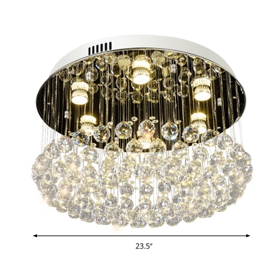 Nickel Round Flush Light Modernist 6 Bulbs Faceted Crystal Ceiling Mounted Fixture