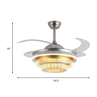 Silver and Gold Tier Ceiling Fan Light Modern 3 Wind Speed Faceted Crystal LED Semi Flush Lamp with Reversible Blade