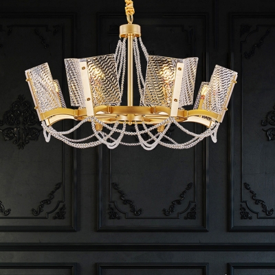 Textured Glass Panel Ceiling Chandelier with Crystal Beads Modern 6/8 Lights Hanging Light Fixture in Brass