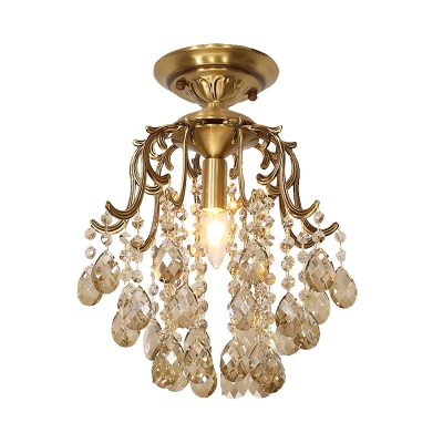 Traditional 1-Light Semi Flush Mount Light Clear/Cognac Curved Iron Flushmount Ceiling Fixture with Crystal Droplets